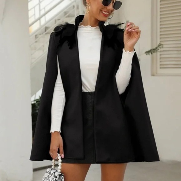 Classic gray Open Front Feather Trim Cape Jacket - Picture 7 of 11